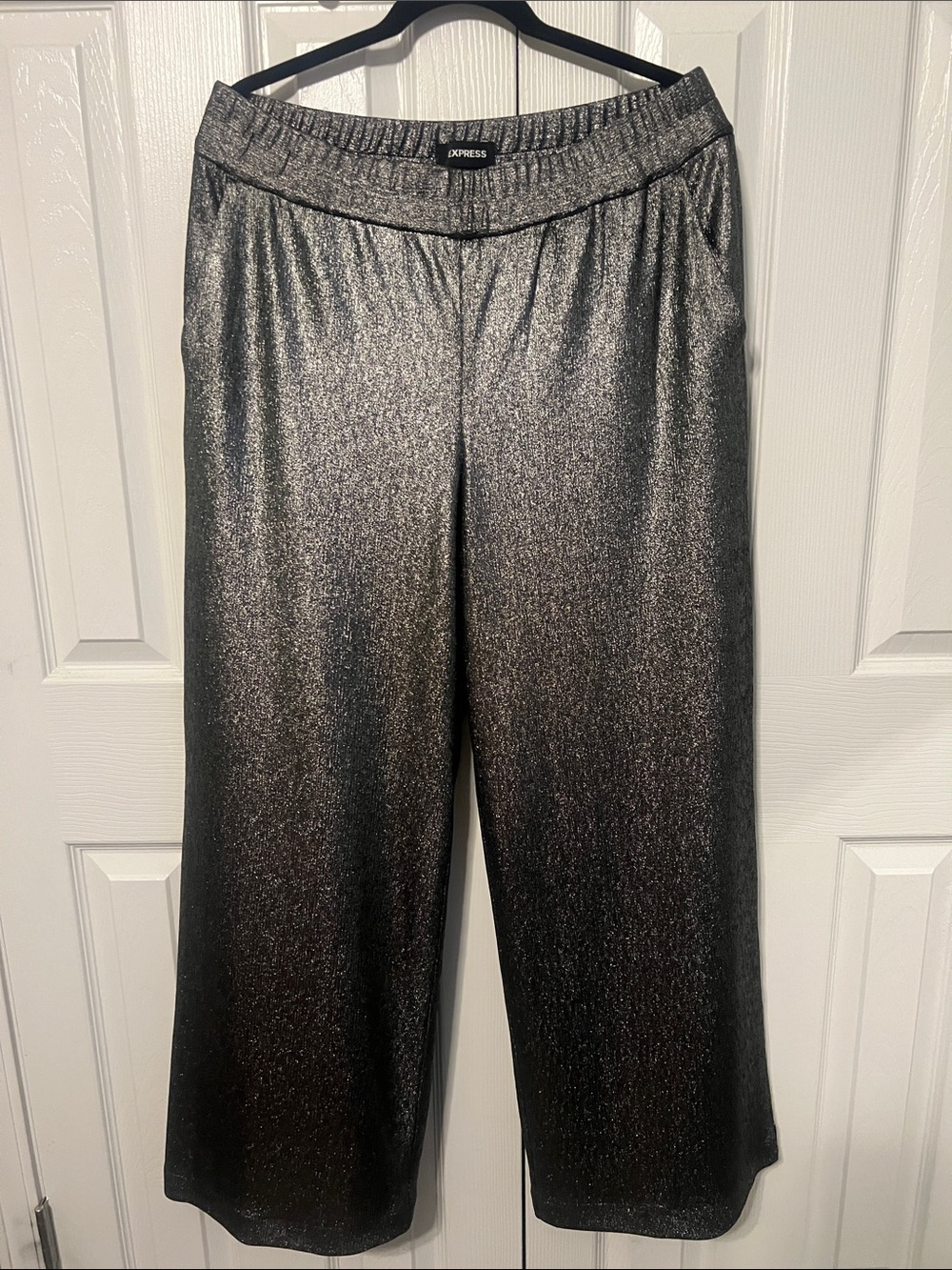 EUC Express Shimmery Black/Silver Wide-Leg Pull-On Pants Size L